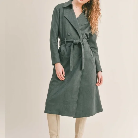 Like New, sᴀᴅɪᴇ & sᴀɢᴇ, Women's Microsuede Trench Coat I Dark Green, sᴍᴀʟʟ